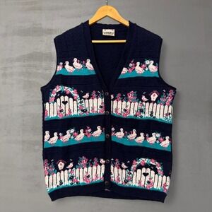 Vintage Northern Reflections Knit Sweater Cardigan Duck Cottage Cute Hearts XL
